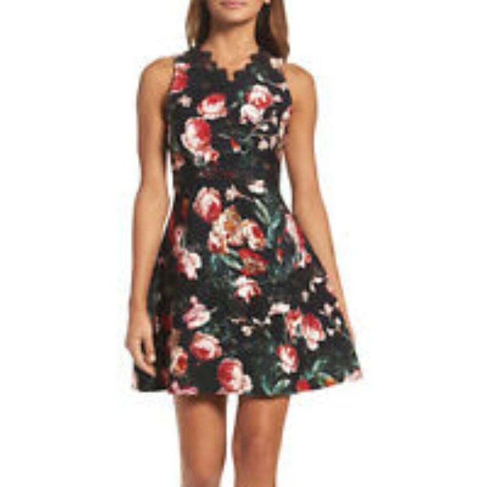 Chelsea28 Black Foxie Floral Fit & Flare Dress